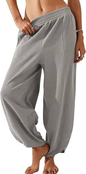 QWENTMTNTY Womens Summer Baggy Pants Cotton Linen Elastic Waisted Wide Leg Pants Pockets Comfy Casual Plus Size Haram Pants