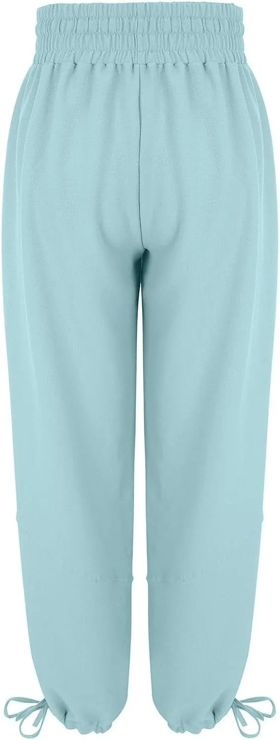 QWENTMTNTY Womens Summer Baggy Pants Cotton Linen Elastic Waisted Wide Leg Pants Pockets Comfy Casual Plus Size Haram Pants