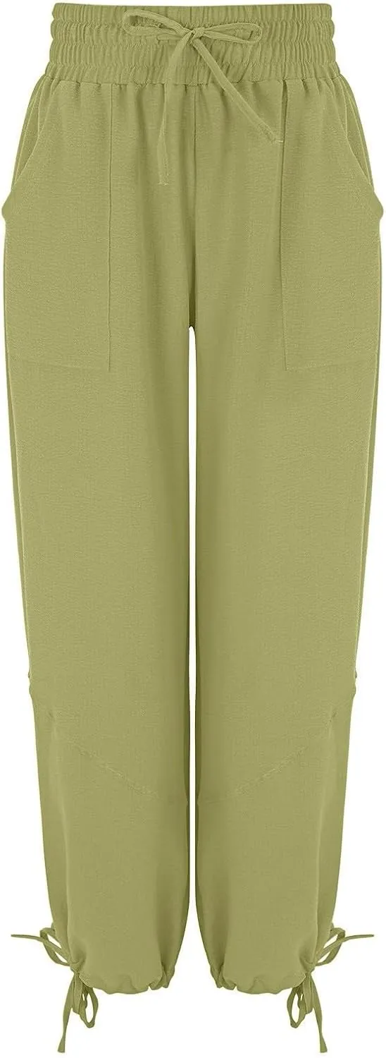 QWENTMTNTY Womens Summer Baggy Pants Cotton Linen Elastic Waisted Wide Leg Pants Pockets Comfy Casual Plus Size Haram Pants