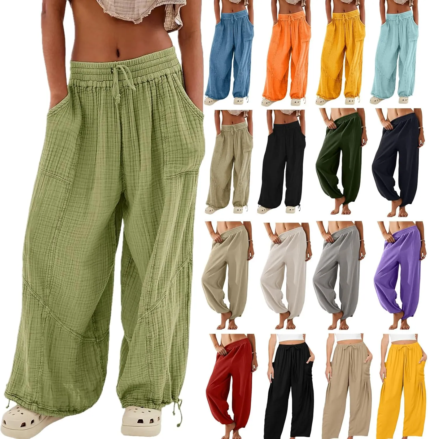 QWENTMTNTY Womens Summer Baggy Pants Cotton Linen Elastic Waisted Wide Leg Pants Pockets Comfy Casual Plus Size Haram Pants