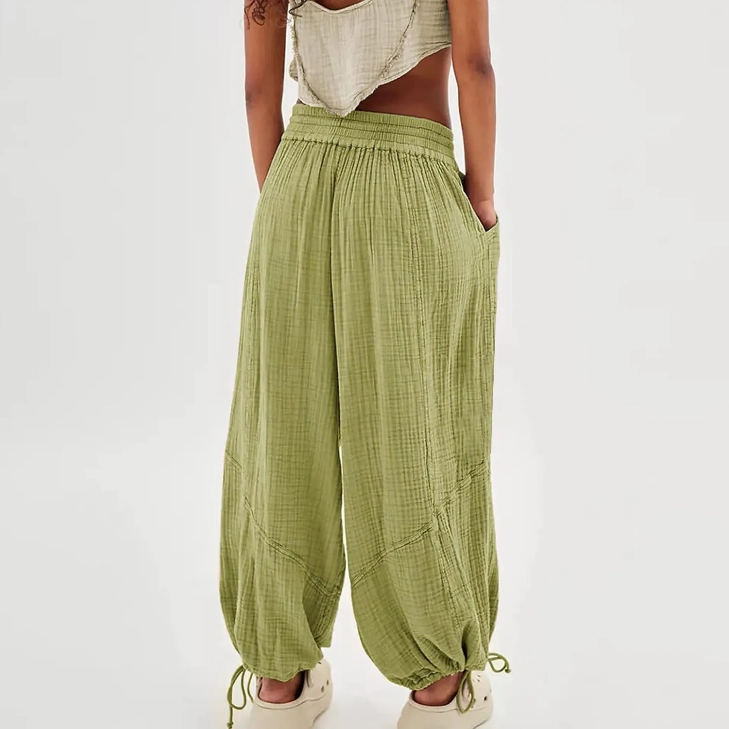 QWENTMTNTY Womens Summer Baggy Pants Cotton Linen Elastic Waisted Wide Leg Pants Pockets Comfy Casual Plus Size Haram Pants