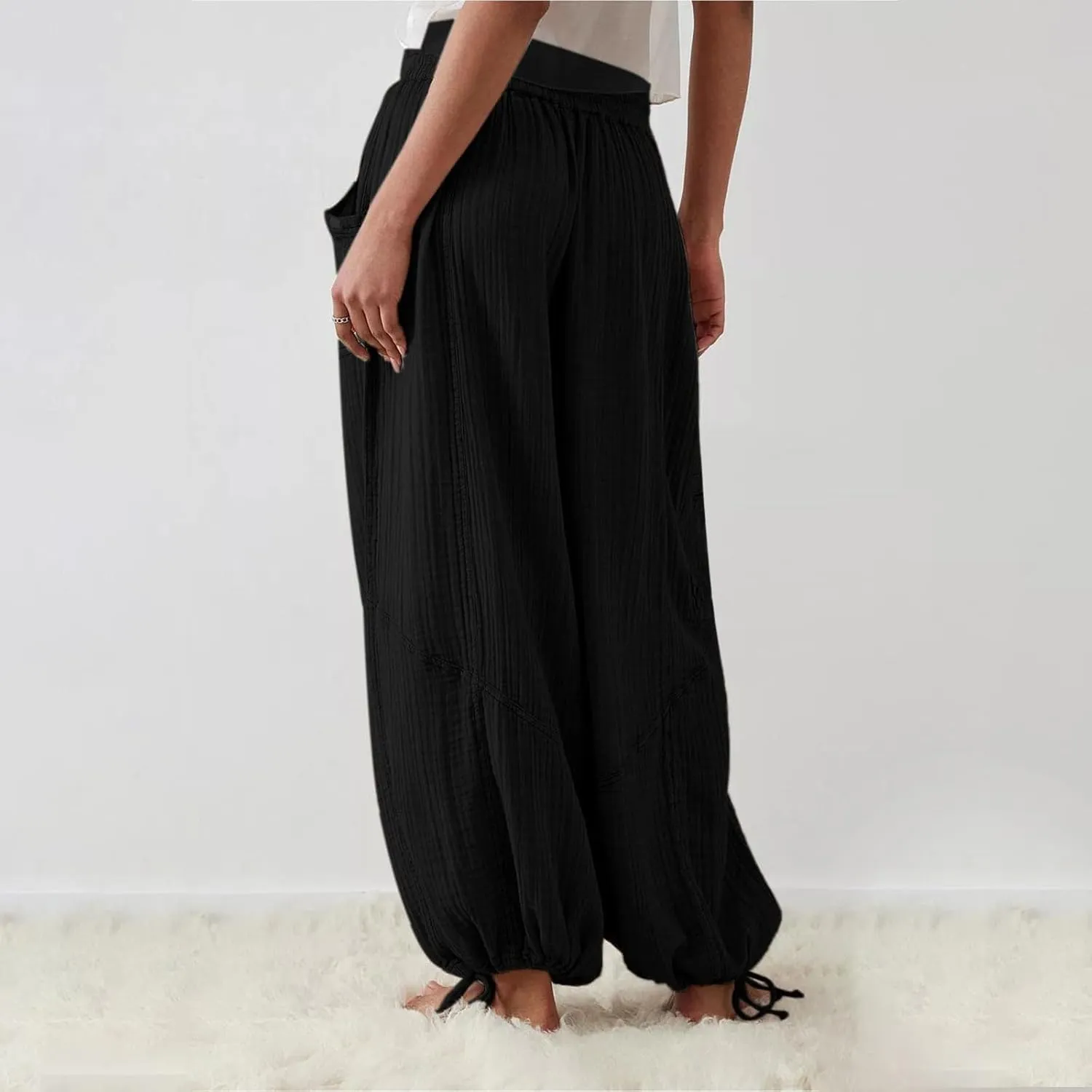 QWENTMTNTY Womens Summer Baggy Pants Cotton Linen Elastic Waisted Wide Leg Pants Pockets Comfy Casual Plus Size Haram Pants