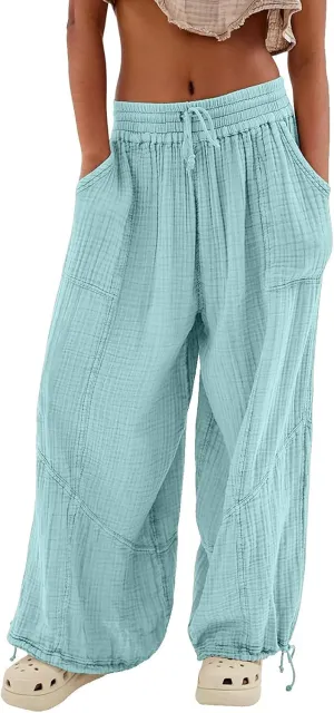 QWENTMTNTY Womens Summer Baggy Pants Cotton Linen Elastic Waisted Wide Leg Pants Pockets Comfy Casual Plus Size Haram Pants