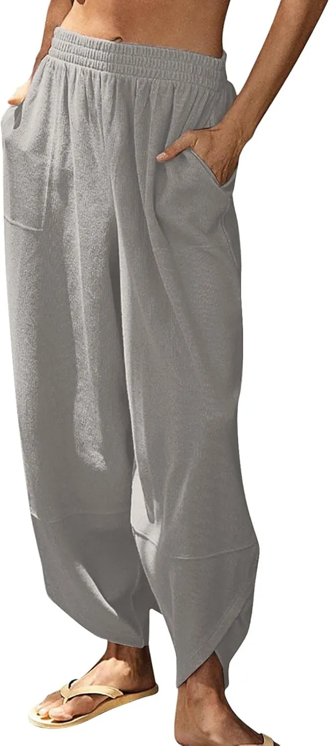 QWENTMTNTY Womens Summer Baggy Pants Cotton Linen Elastic Waisted Wide Leg Pants Pockets Comfy Casual Plus Size Haram Pants