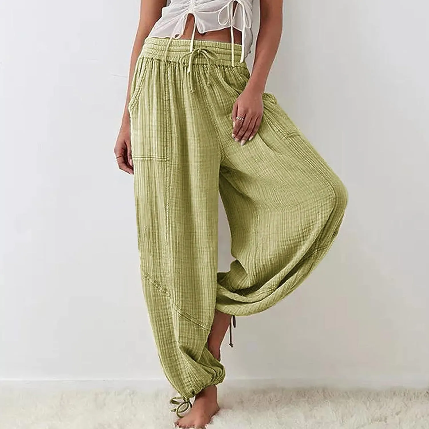 QWENTMTNTY Womens Summer Baggy Pants Cotton Linen Elastic Waisted Wide Leg Pants Pockets Comfy Casual Plus Size Haram Pants