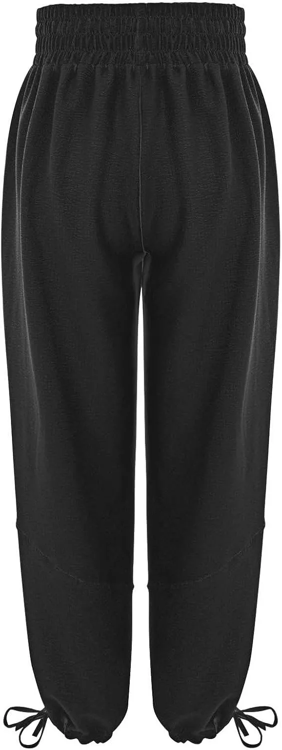 QWENTMTNTY Womens Summer Baggy Pants Cotton Linen Elastic Waisted Wide Leg Pants Pockets Comfy Casual Plus Size Haram Pants