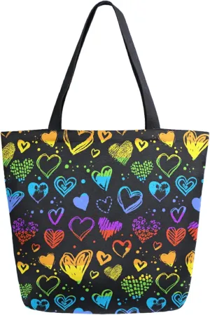 Rainbow Hearts Fashion Extra Large Canvas Shoulder Tote Storage Top Handle Bag for Gym Weekender Summer Beach Travel Reusable Grocery Shopping