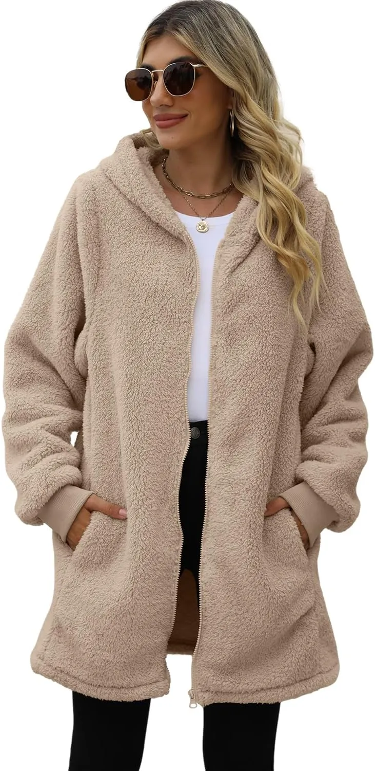 ReachMe Womens Fleece Zip Up Jacket with Pockets Oversized Long Sherpa Hoodie Fuzzy Jackets Warm Teddy Coat