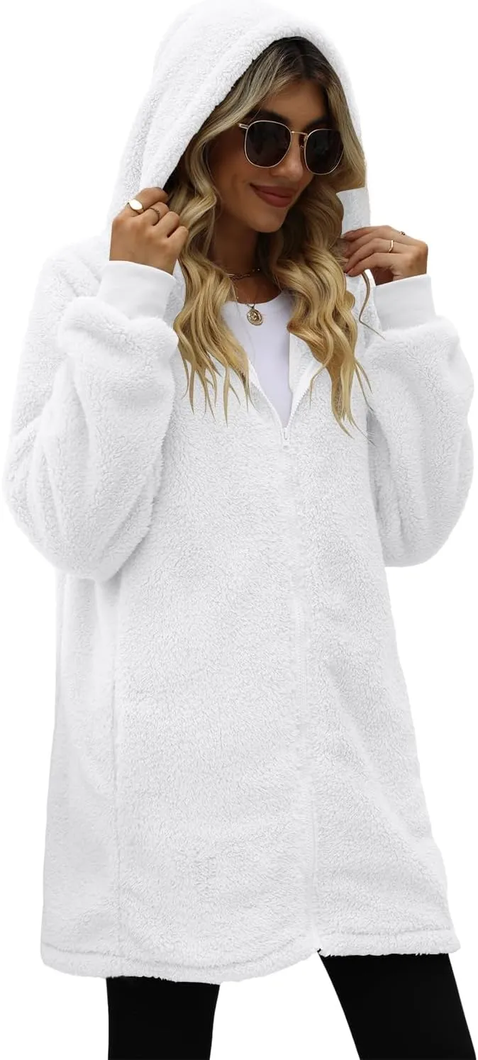 ReachMe Womens Fleece Zip Up Jacket with Pockets Oversized Long Sherpa Hoodie Fuzzy Jackets Warm Teddy Coat