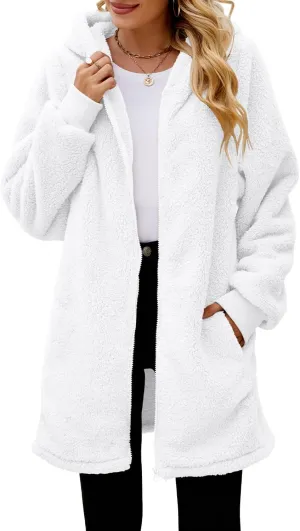 ReachMe Womens Fleece Zip Up Jacket with Pockets Oversized Long Sherpa Hoodie Fuzzy Jackets Warm Teddy Coat