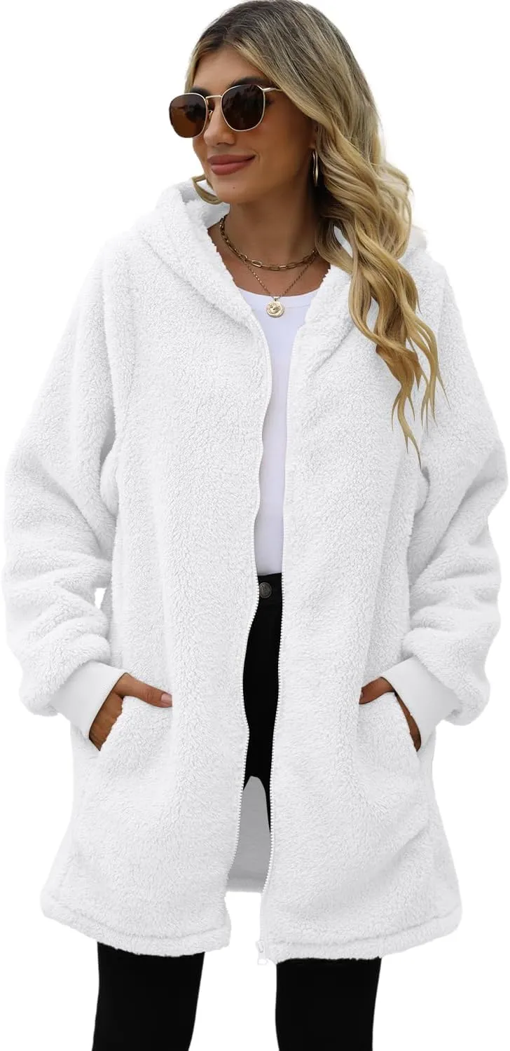 ReachMe Womens Fleece Zip Up Jacket with Pockets Oversized Long Sherpa Hoodie Fuzzy Jackets Warm Teddy Coat