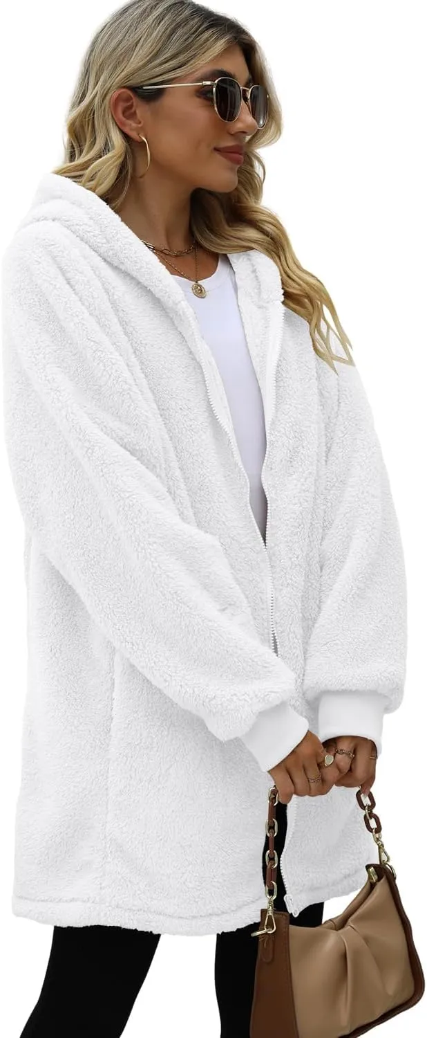 ReachMe Womens Fleece Zip Up Jacket with Pockets Oversized Long Sherpa Hoodie Fuzzy Jackets Warm Teddy Coat