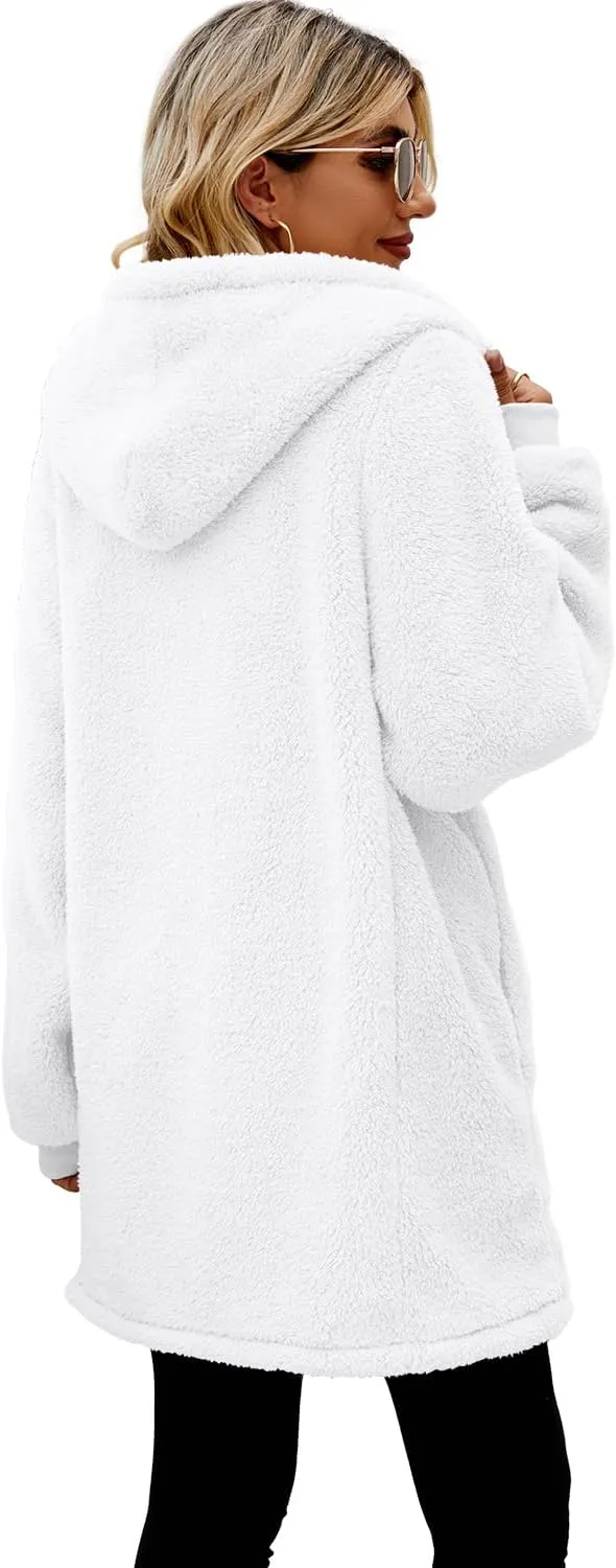 ReachMe Womens Fleece Zip Up Jacket with Pockets Oversized Long Sherpa Hoodie Fuzzy Jackets Warm Teddy Coat