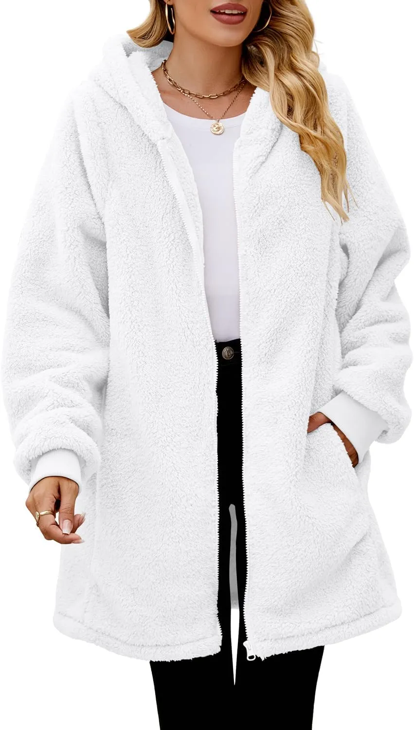 ReachMe Womens Fleece Zip Up Jacket with Pockets Oversized Long Sherpa Hoodie Fuzzy Jackets Warm Teddy Coat