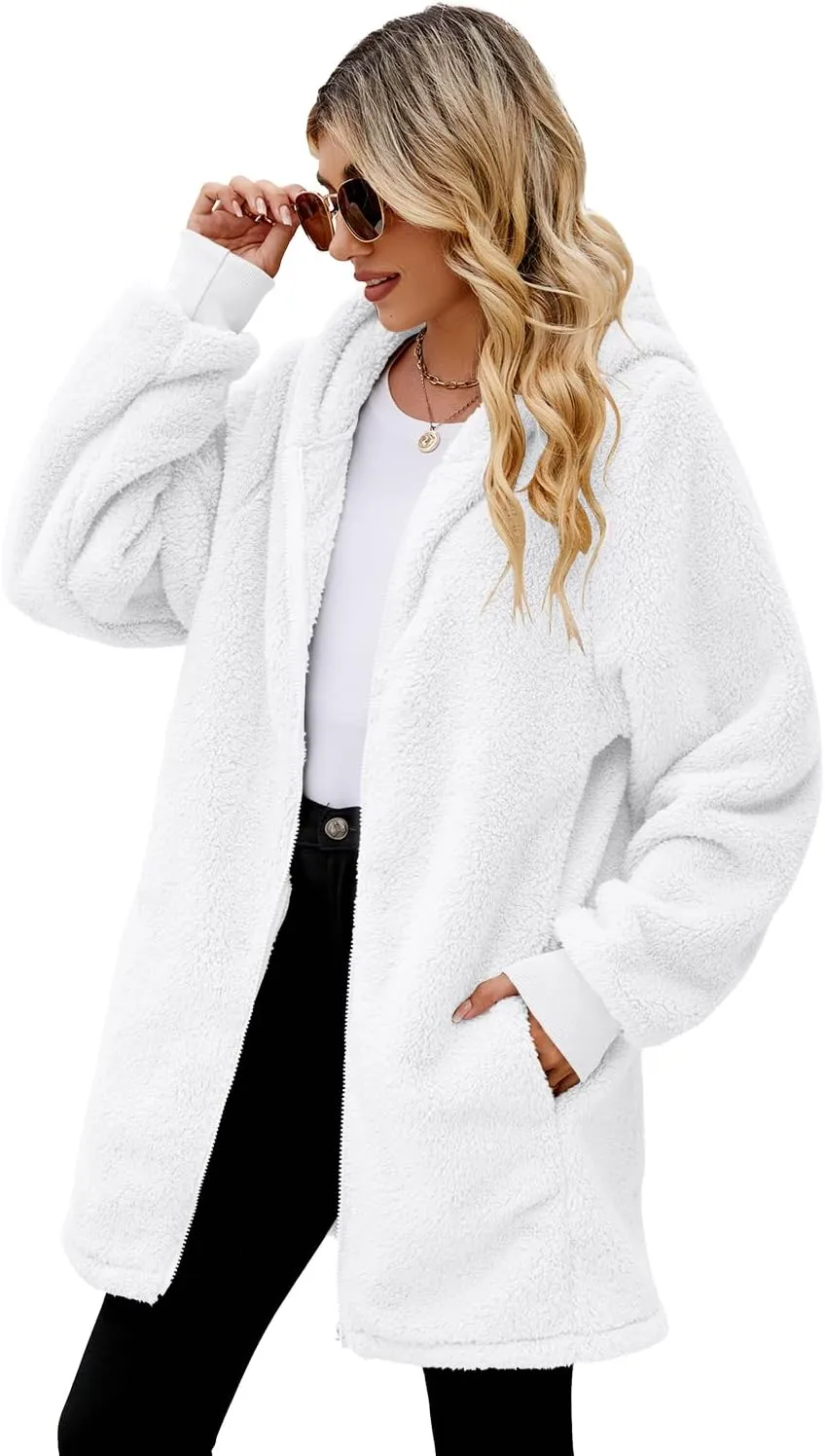 ReachMe Womens Fleece Zip Up Jacket with Pockets Oversized Long Sherpa Hoodie Fuzzy Jackets Warm Teddy Coat