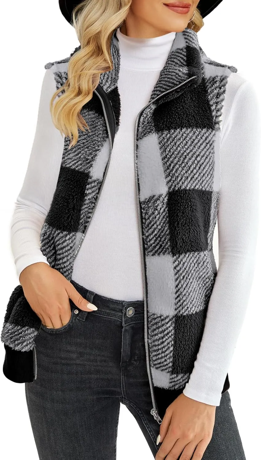 ReachMe Womens Fuzzy Fleece Vest Sleeveless Sherpa Jacket with Pockets Warm Fluffy Zip Up Outerwear Coats