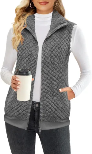 ReachMe Womens Fuzzy Fleece Vest Sleeveless Sherpa Jacket with Pockets Warm Fluffy Zip Up Outerwear Coats
