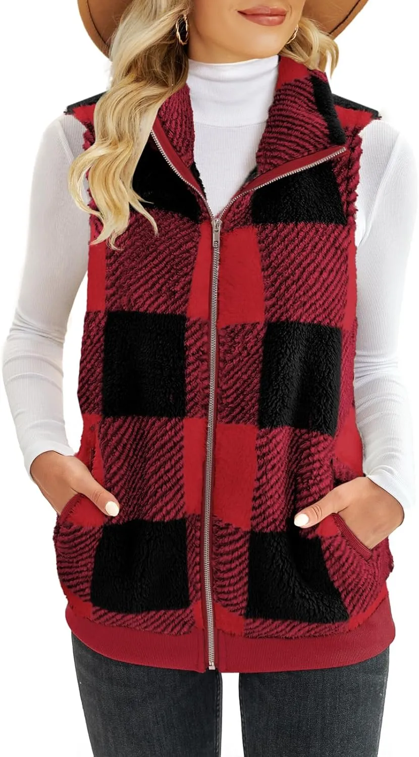 ReachMe Womens Fuzzy Fleece Vest Sleeveless Sherpa Jacket with Pockets Warm Fluffy Zip Up Outerwear Coats