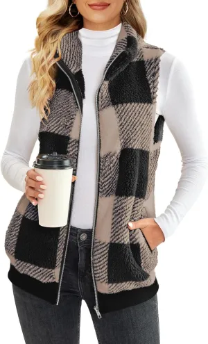 ReachMe Womens Fuzzy Fleece Vest Sleeveless Sherpa Jacket with Pockets Warm Fluffy Zip Up Outerwear Coats