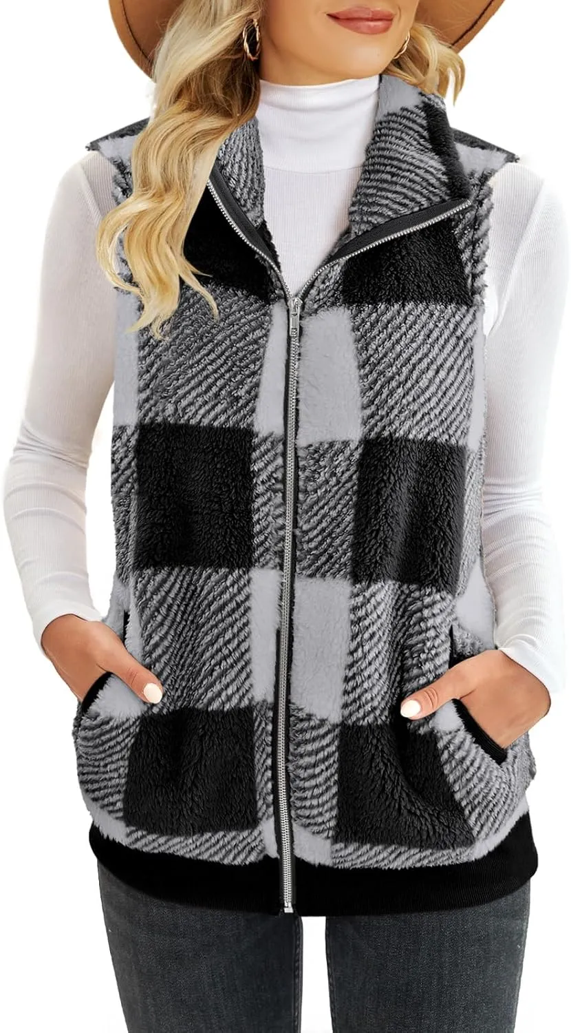 ReachMe Womens Fuzzy Fleece Vest Sleeveless Sherpa Jacket with Pockets Warm Fluffy Zip Up Outerwear Coats