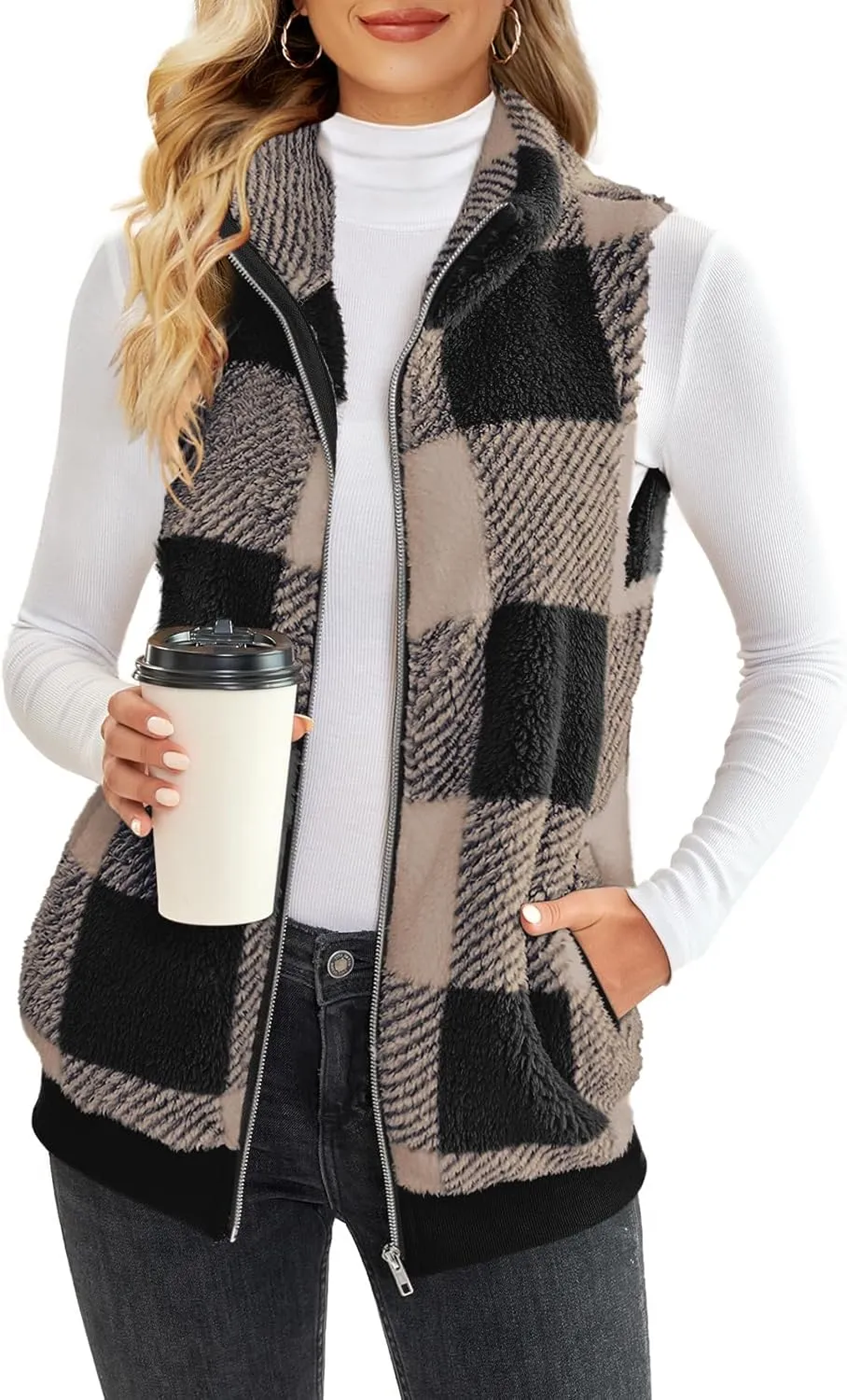ReachMe Womens Fuzzy Fleece Vest Sleeveless Sherpa Jacket with Pockets Warm Fluffy Zip Up Outerwear Coats