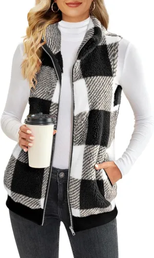 ReachMe Womens Fuzzy Fleece Vest Sleeveless Sherpa Jacket with Pockets Warm Fluffy Zip Up Outerwear Coats