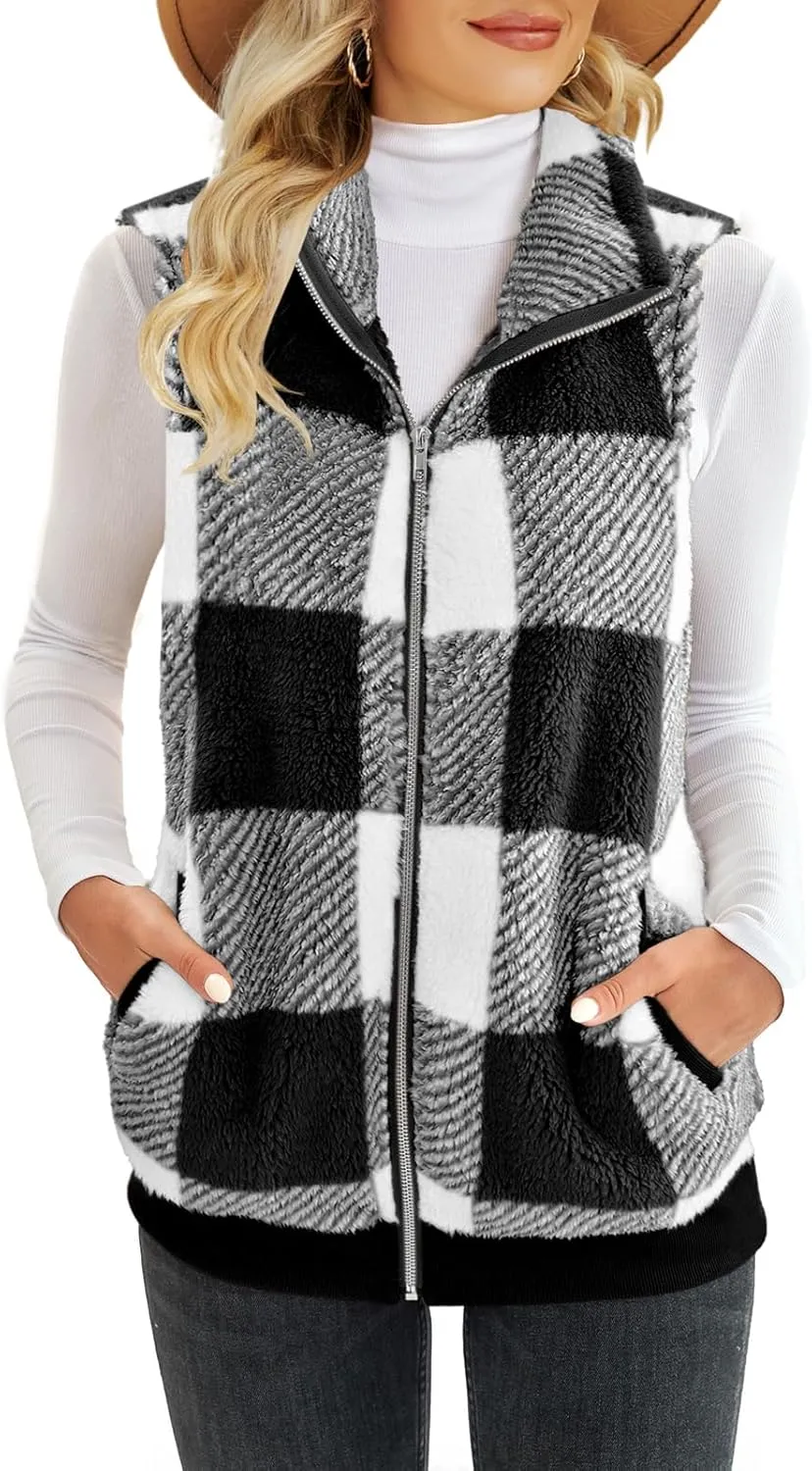 ReachMe Womens Fuzzy Fleece Vest Sleeveless Sherpa Jacket with Pockets Warm Fluffy Zip Up Outerwear Coats