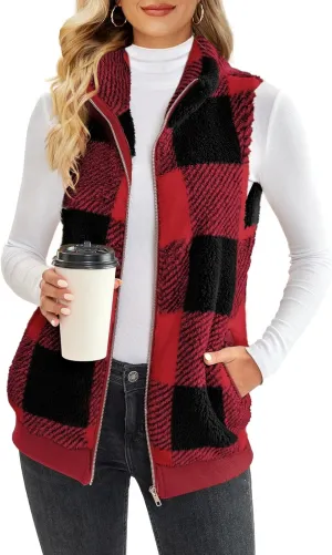 ReachMe Womens Fuzzy Fleece Vest Sleeveless Sherpa Jacket with Pockets Warm Fluffy Zip Up Outerwear Coats