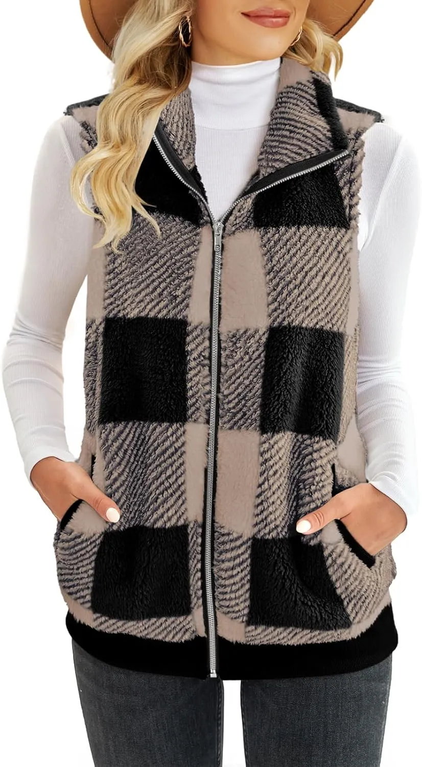 ReachMe Womens Fuzzy Fleece Vest Sleeveless Sherpa Jacket with Pockets Warm Fluffy Zip Up Outerwear Coats