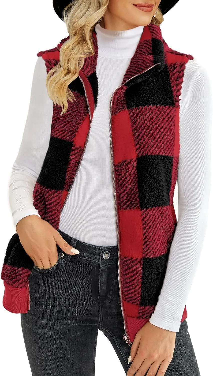 ReachMe Womens Fuzzy Fleece Vest Sleeveless Sherpa Jacket with Pockets Warm Fluffy Zip Up Outerwear Coats