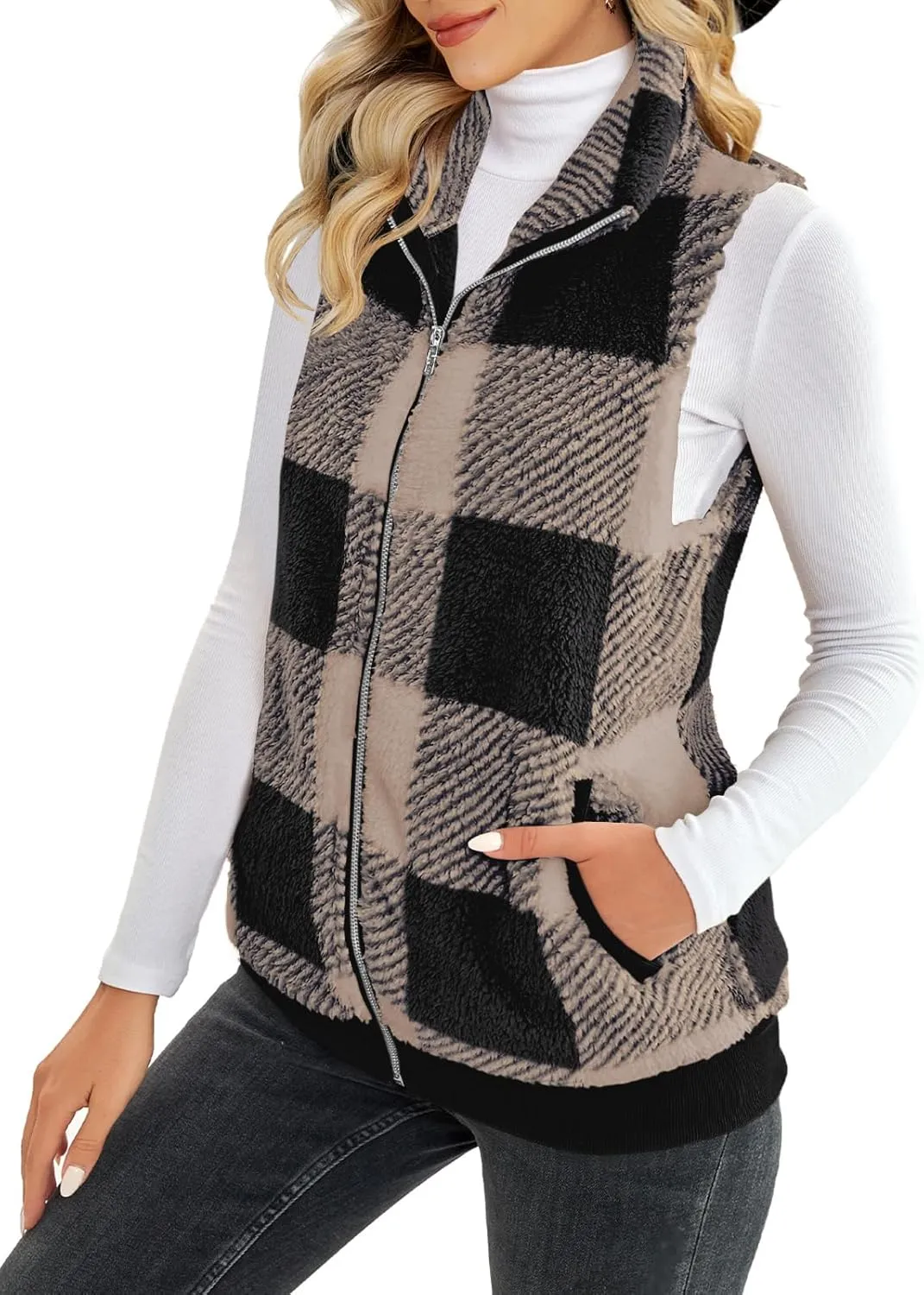 ReachMe Womens Fuzzy Fleece Vest Sleeveless Sherpa Jacket with Pockets Warm Fluffy Zip Up Outerwear Coats