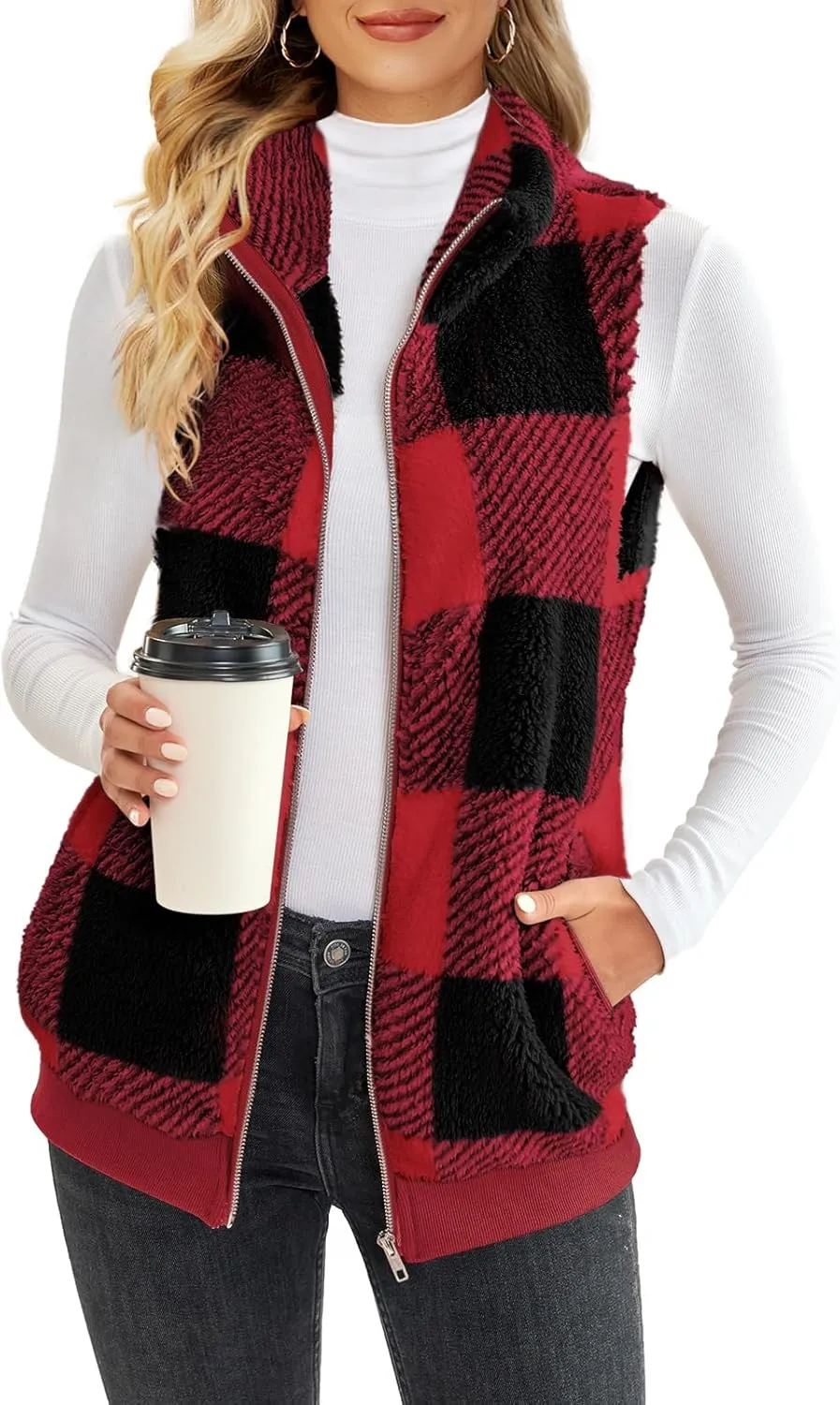 ReachMe Womens Fuzzy Fleece Vest Sleeveless Sherpa Jacket with Pockets Warm Fluffy Zip Up Outerwear Coats