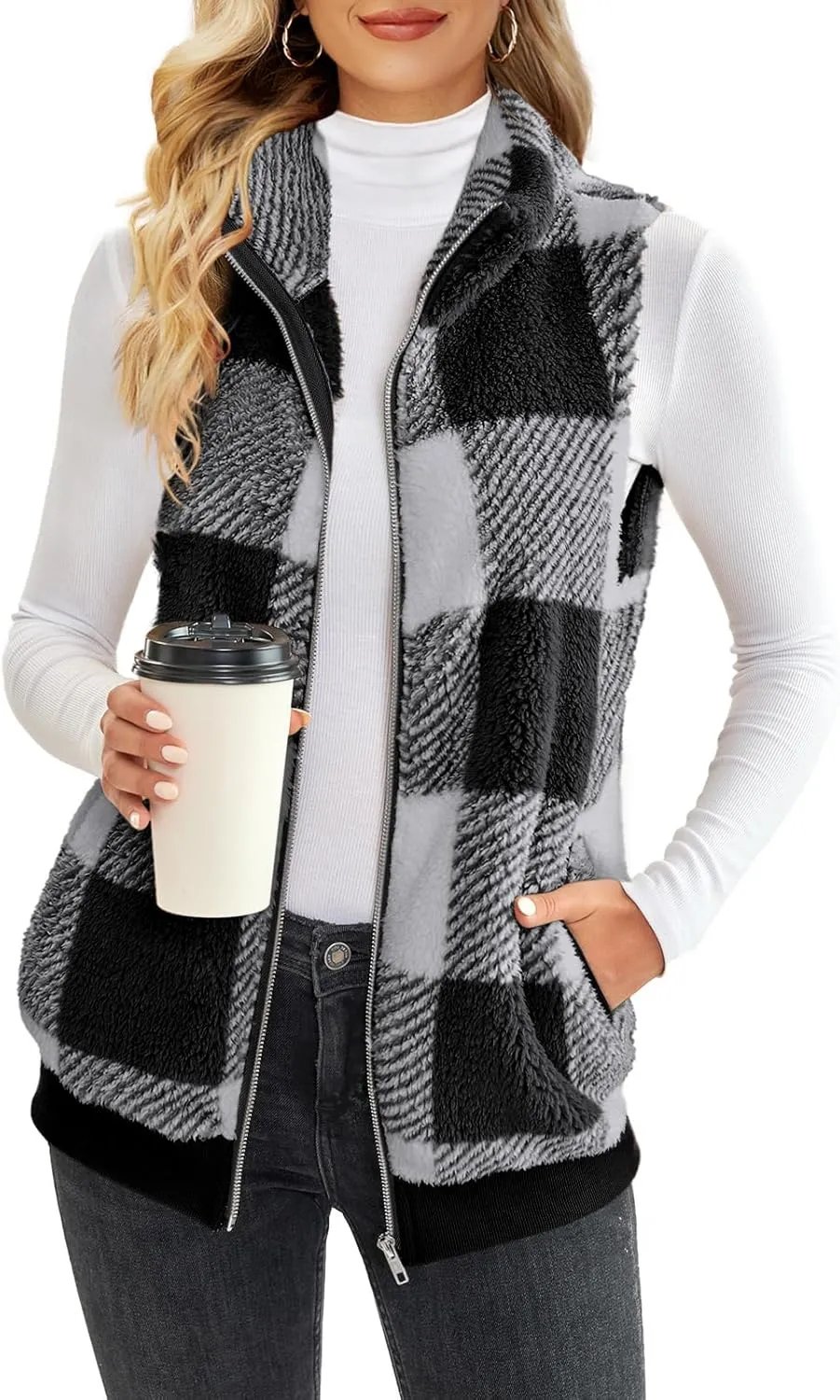 ReachMe Womens Fuzzy Fleece Vest Sleeveless Sherpa Jacket with Pockets Warm Fluffy Zip Up Outerwear Coats