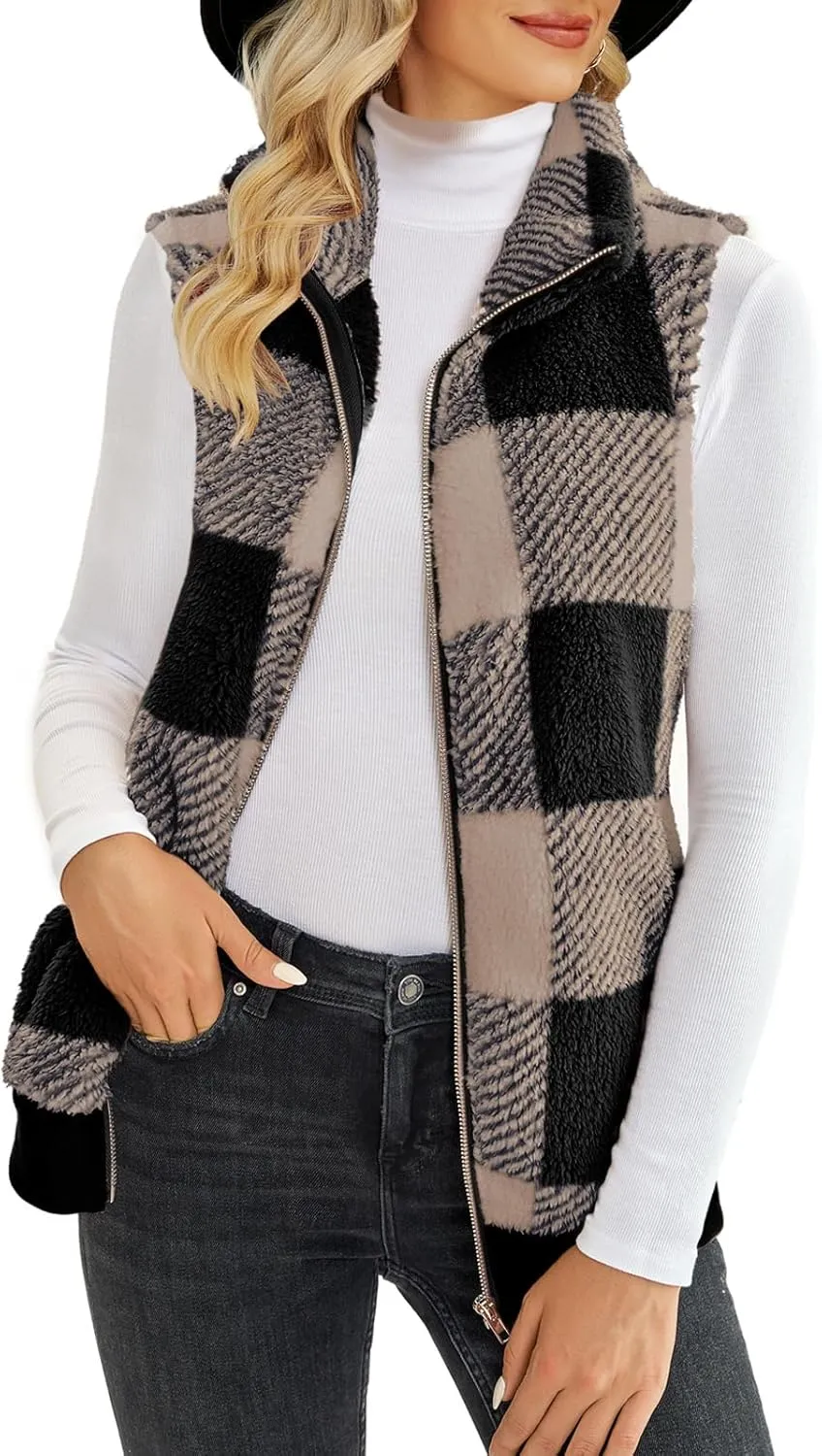 ReachMe Womens Fuzzy Fleece Vest Sleeveless Sherpa Jacket with Pockets Warm Fluffy Zip Up Outerwear Coats
