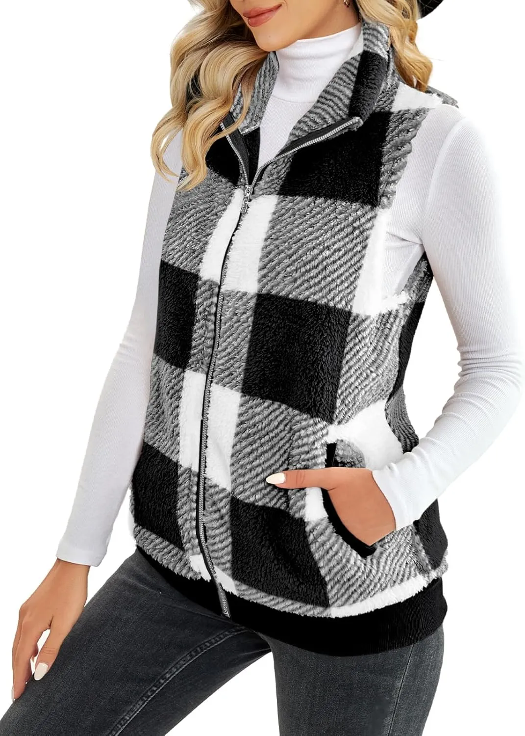 ReachMe Womens Fuzzy Fleece Vest Sleeveless Sherpa Jacket with Pockets Warm Fluffy Zip Up Outerwear Coats