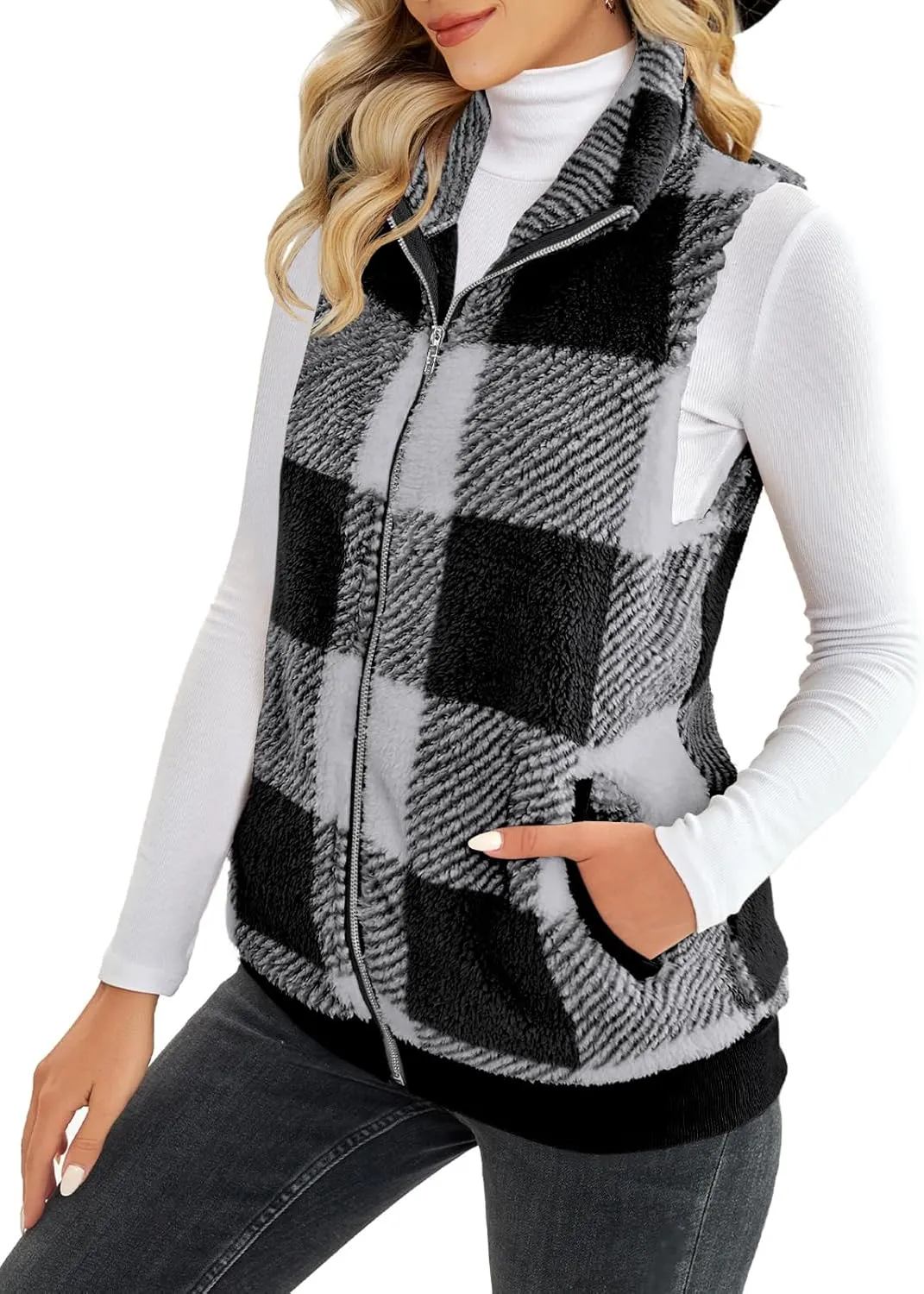 ReachMe Womens Fuzzy Fleece Vest Sleeveless Sherpa Jacket with Pockets Warm Fluffy Zip Up Outerwear Coats