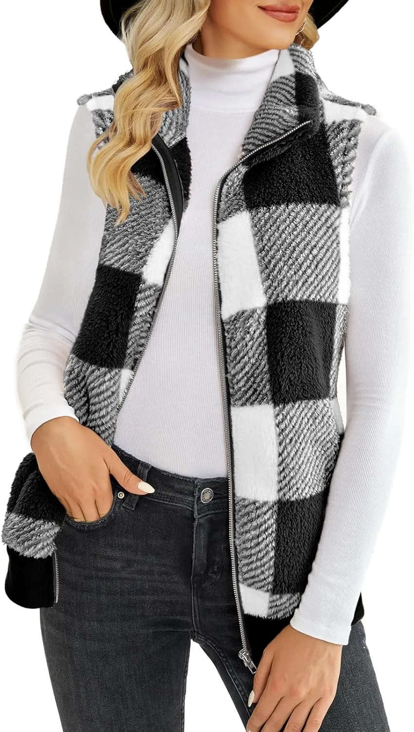 ReachMe Womens Fuzzy Fleece Vest Sleeveless Sherpa Jacket with Pockets Warm Fluffy Zip Up Outerwear Coats