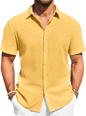 Runcati Mens Button Down Shirts Casual Short Sleeve Beach Shirt Summer Cotton Linen Lightweight Hippie Tops