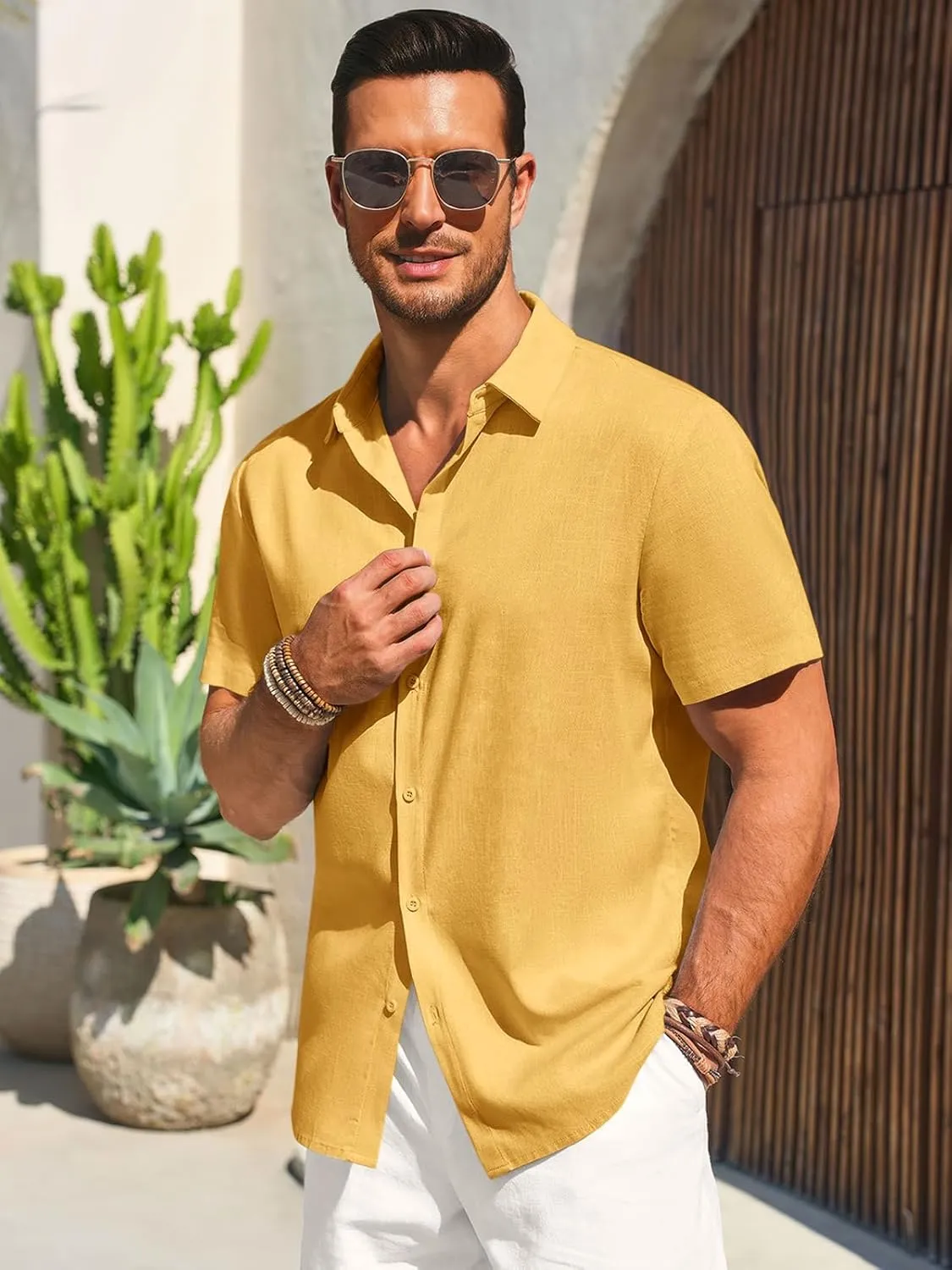 Runcati Mens Button Down Shirts Casual Short Sleeve Beach Shirt Summer Cotton Linen Lightweight Hippie Tops