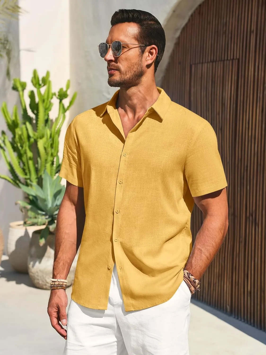 Runcati Mens Button Down Shirts Casual Short Sleeve Beach Shirt Summer Cotton Linen Lightweight Hippie Tops