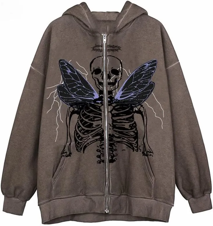 Sastianaen Women Zip up Hoodie Gothic Butterfly Long Sleeve Hoodie Oversized Hooded Jacket Fairy Grunge E Girl Streetwear