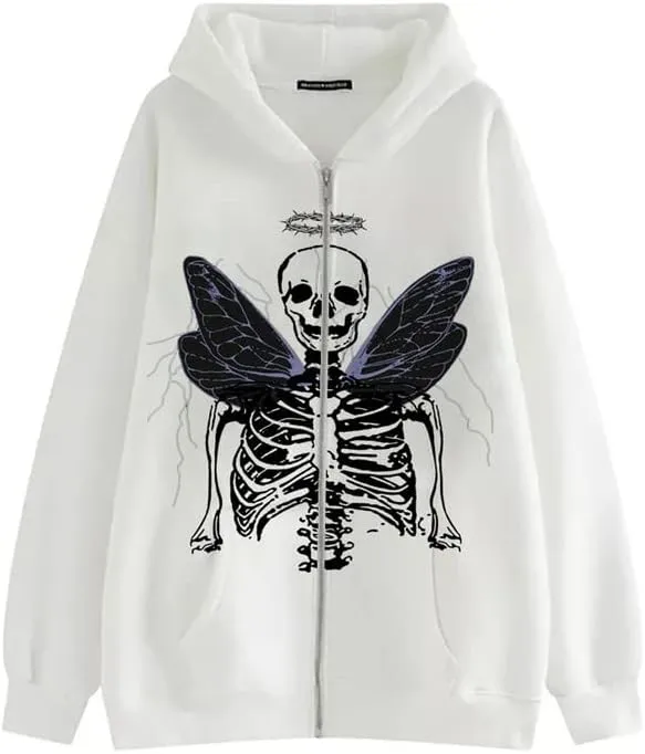 Sastianaen Women Zip up Hoodie Gothic Butterfly Long Sleeve Hoodie Oversized Hooded Jacket Fairy Grunge E Girl Streetwear