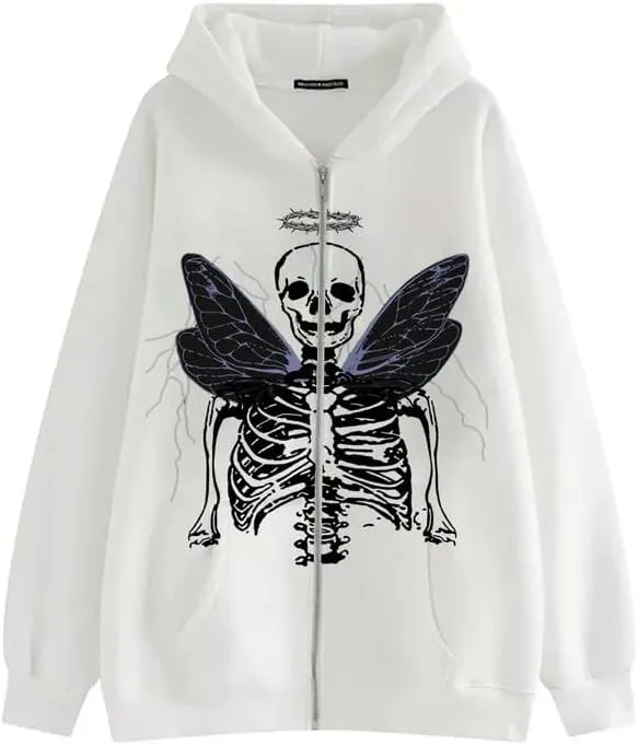 Sastianaen Women Zip up Hoodie Gothic Butterfly Long Sleeve Hoodie Oversized Hooded Jacket Fairy Grunge E Girl Streetwear