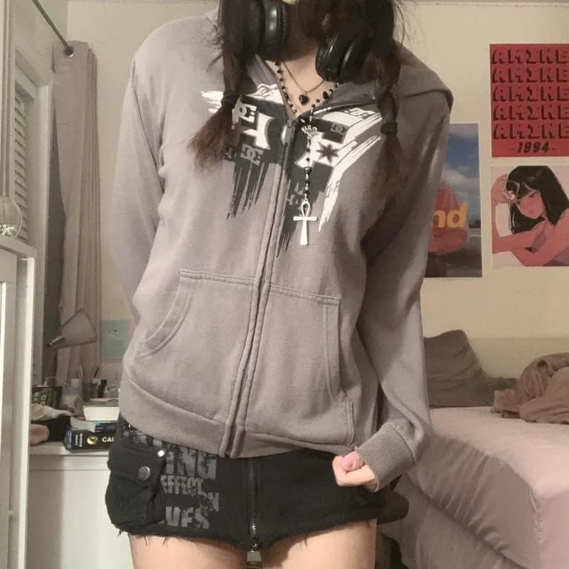 Sastianaen Women Zip up Hoodie Gothic Butterfly Long Sleeve Hoodie Oversized Hooded Jacket Fairy Grunge E Girl Streetwear