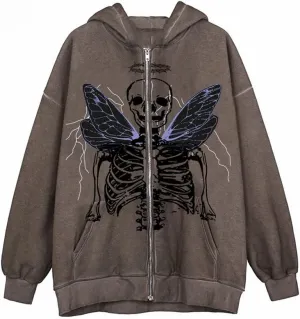 Sastianaen Women Zip up Hoodie Gothic Butterfly Long Sleeve Hoodie Oversized Hooded Jacket Fairy Grunge E Girl Streetwear