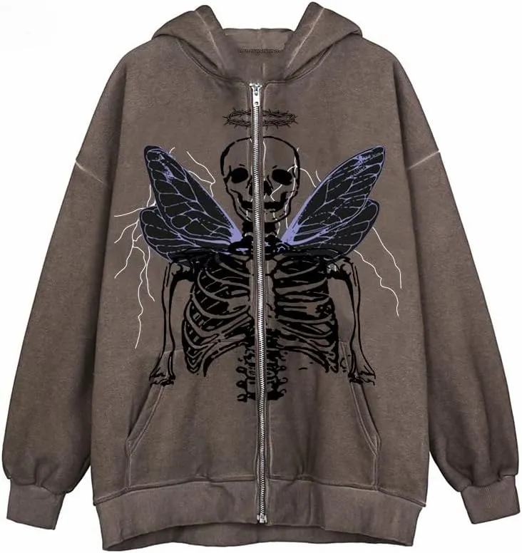 Sastianaen Women Zip up Hoodie Gothic Butterfly Long Sleeve Hoodie Oversized Hooded Jacket Fairy Grunge E Girl Streetwear
