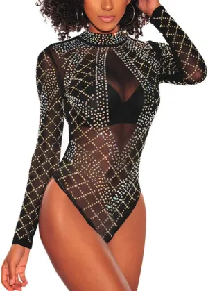 SEBOWEL Women Long Sleeves Mesh See Through Jumpsuit Bodysuit Top Leotard