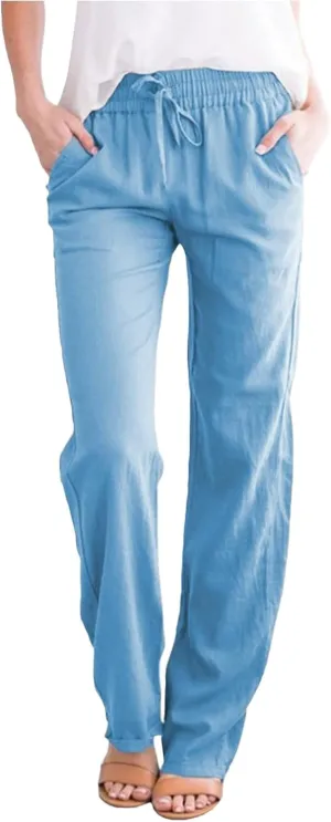 SHAOBGE Womens Casual Pants Straight Leg Drawstring Elastic High Waist Loose Comfy Trousers with Pockets Trendy Pants 2024
