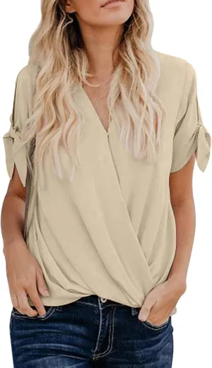 SHAOBGE Womens Tank Tops Summer Wrap V Neck Sleeveless/Short Sleeve Blouse Trendy Pleated Tanks Vest Elegant Tunic Tee Shirt