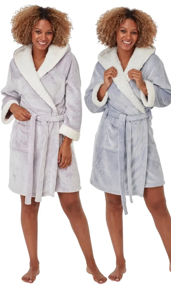 Sherpa Fleece Hooded Wrap Dressing Gown - Rose or Denim